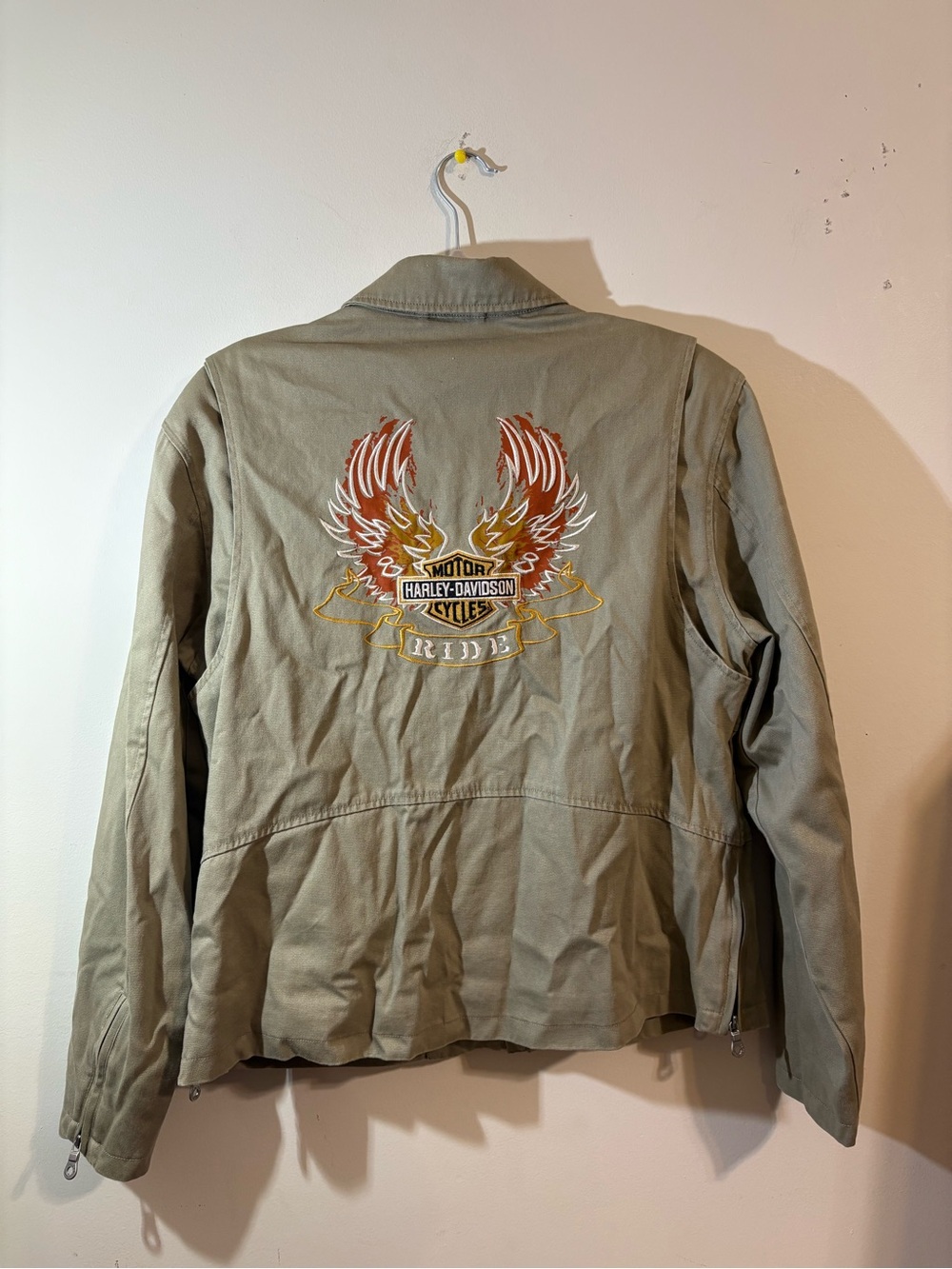 Harley-Davidson Khaki Jacket women’s large Red Gold Wing Embroidery side zip